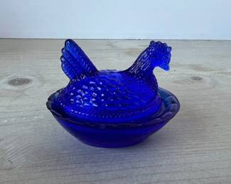 Cobalt Blue Glass Hen on Nest Miniature Covered Dish