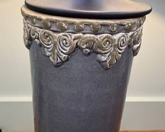 Dark Gray Ceramic Cylinder Lamp with Decorative Accents