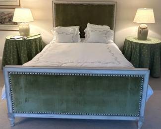 Queen Bed  Solid Wood with Green Chenille Fabric  Headboard Height 64 Inches $600