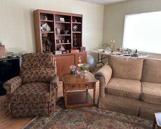 sofa, recliner MCM curio cabinet