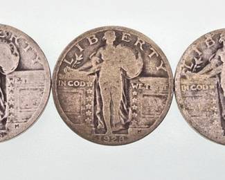 Trio of US Standing Liberty 90% silver quarters 1926-29