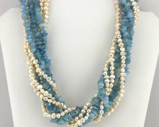 Freshwater pearl and aquamarine multi strand necklace