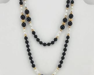 Onyx, pearl necklace, 29”L