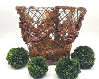 Italian wirework basket with applied and painted plaster floral swags and base