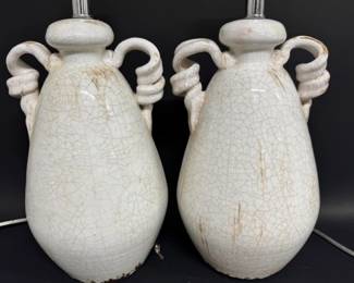 Pair of cream crackle glaze pottery vessel lamps with burlap shades
