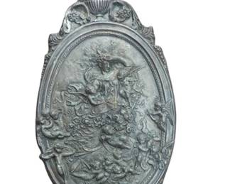 Heavy cast iron wall plaque with floral and cherub relief