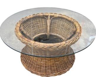 Round natural wicker pedestal cocktail table with glass top