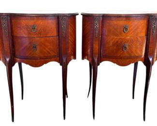 Louis XV kidney shaped marquetry bedside tables with ormolu details; sold 2x the money