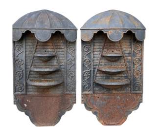 Pair of outdoor cast iron garden wall hung fountains or planters