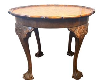 Antique burled walnut veneer pie crust low round table