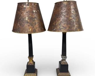 Pair of Louis XVI style cast metal column lamps with faux tortoise shades