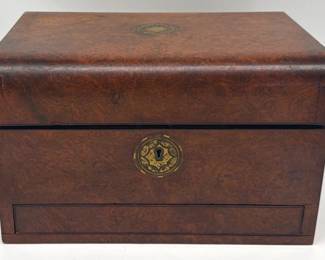 Victorian burl wood writing box with purple velvet lining