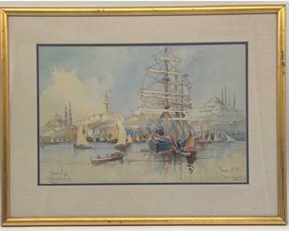 J. Pavelikevitch (Russian, 19th/20th C) watercolor of Istanbul harbor