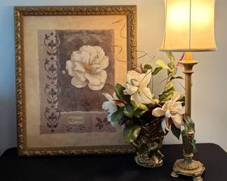 Vtg. Gold Toned Framed Print, Cherub Vase  Table Lamp