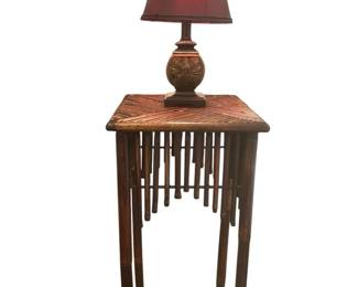 Vintage Scorched Bamboo Side Table With Decorative Lamp