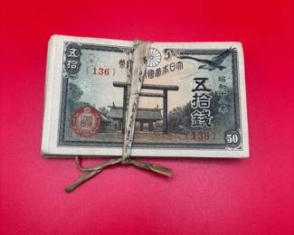 Stack Of WWII Era Imperial Japanese 50 Sen Banknotes