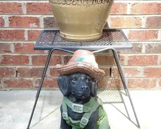 Gardening Puppy  Clay Planter and Wrought Iron Stand Bundle