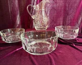Vintage Cut Crystal Pitcher W Three Arcoroc Bowls