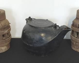 Antique Wagon Wheel Hubs and Cast Iron Tea Kettle