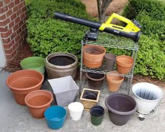 Battery Powered Blower  Planting Pots  Metal Shelf Bundle