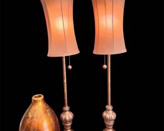 Pair Of Bronze Buffet Table Lamps Complimented With A Burnt Orange Bronze Vase
