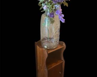Vintage Coal Cabinet And Giant Mason Jar With Floral Decor