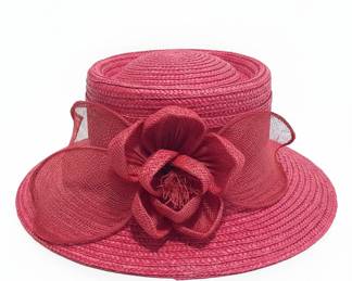 Red Woven Straw Wide-Brim Hat with Floral Detail
