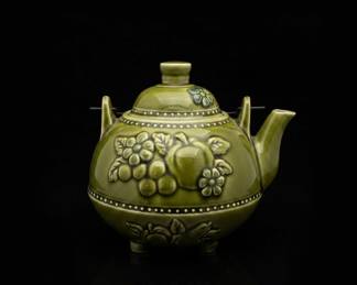 Vintage Green Majolica Teapot with Fruit and Floral Relief