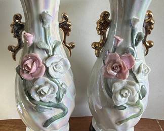 Pair of Capodimonte Style Porcelain Vases with Applied Roses and Gilt Handles