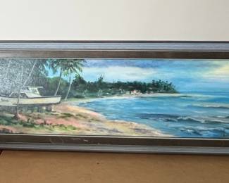 Coastal Scene Painting with Boat