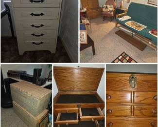 Misc furniture (fold out futon, chest with drawers, wicker chestsx3, side table)