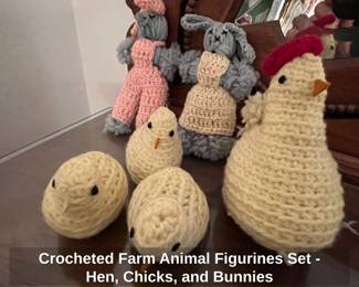 Crocheted Farm Animal Figurines Set Hen, Chicks, and Bunnies