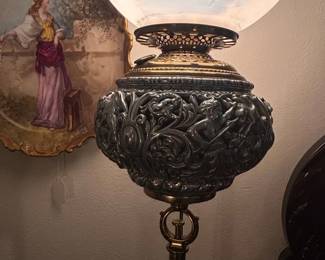 Victorian Electrified Piano Lamp with HandPainted Globe fifth image