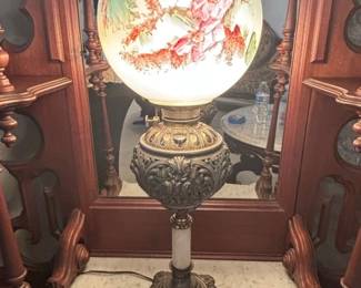 Victorian Cherub and Floral Motif Oil Lamp with HandPainted Shade