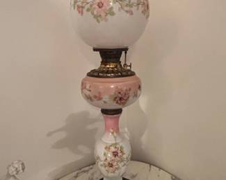 Victorian Gone With The Wind Style Floral Oil Lamp with GuttaPercha Base