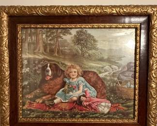 Girl with St. Bernard Dog and Doll Chromolithograph by Arthur John Elsley