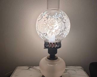 Victorian Gone with the Wind Style Etched Glass Hurricane Lamp