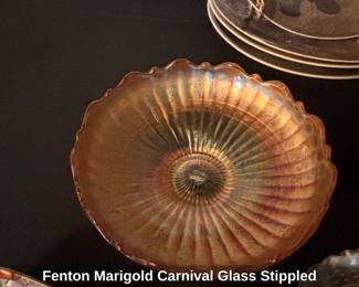 Fenton Marigold Carnival Glass Stippled Rays Scalloped Bowl