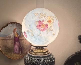 Victorian Electrified Piano Lamp with HandPainted Globe second image