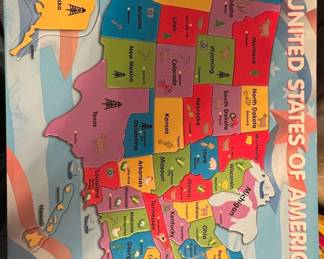 Wooden United States Map Puzzle with State Capitals and Icons