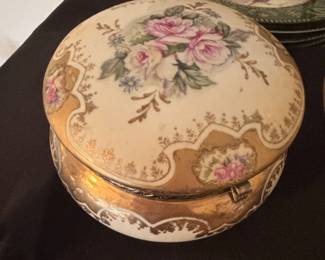 Vintage HandPainted Porcelain Trinket Box with Floral Motif and Gilt Accents