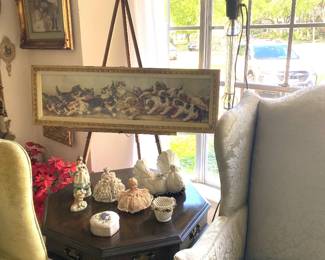 Antique marble and crystal Floor Lamp, Antique print framed of kitties and puppies
