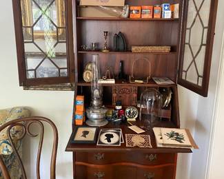 Antique Mahogany Secertary, Vintage Lantern with accessories, Silhouettes, Vintage Prints