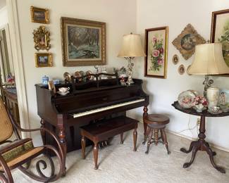 Upright Piano by Haddorft Vertichord and Wicker Bentwood Rocker, Claw and Ball Piano Stool, 