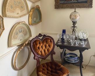 Antique Parlor Table, Victorian Chair covered in Velvet, Collection of Antique Fans, Antique Table Globe Lamp, Crystal stemware by Libbey rock Sharpe, 1930-40s for oysters, tea, wine, champagne 