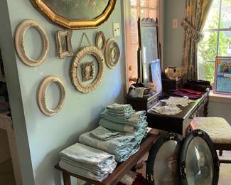 Antqiue Mahogany Vanity, Ladies Antique Gloves, Linens, Antique Frames, Dollies 