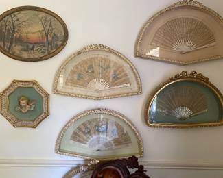 Collection of Framed Antique decorative fams in fan shaped cases