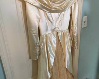 Vintage handmade satin wedding gown with huge train in excellent condition