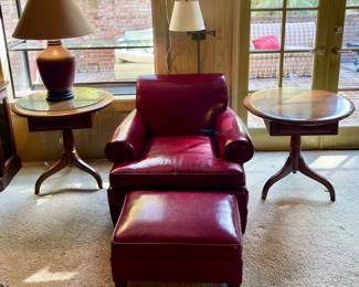 Pair of Round Side Tables & Stunning Leather Chair & Ottoman