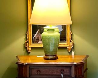 Pair of Celedon Lamps, Mirrors & Four Drawer Chests